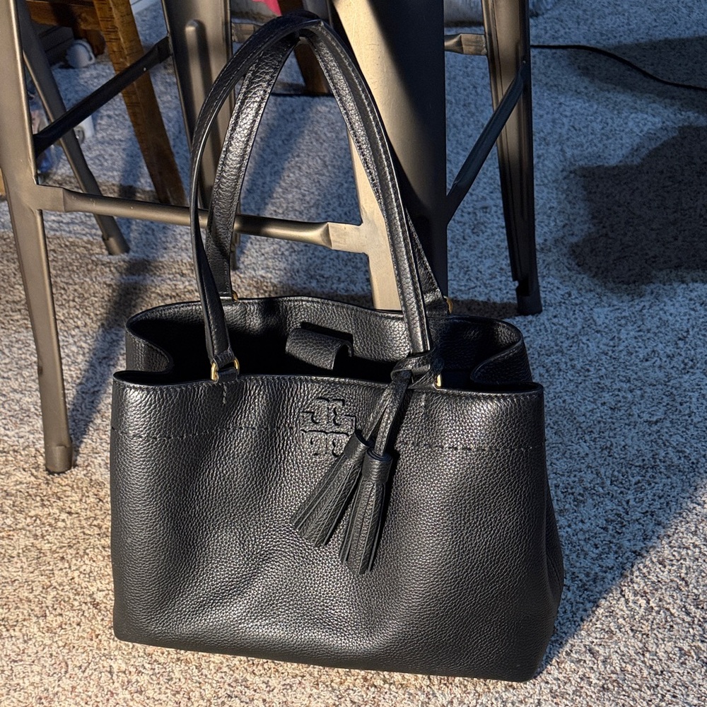 Tory Burch McGraw Black Pebble Leather Bag with Tassel